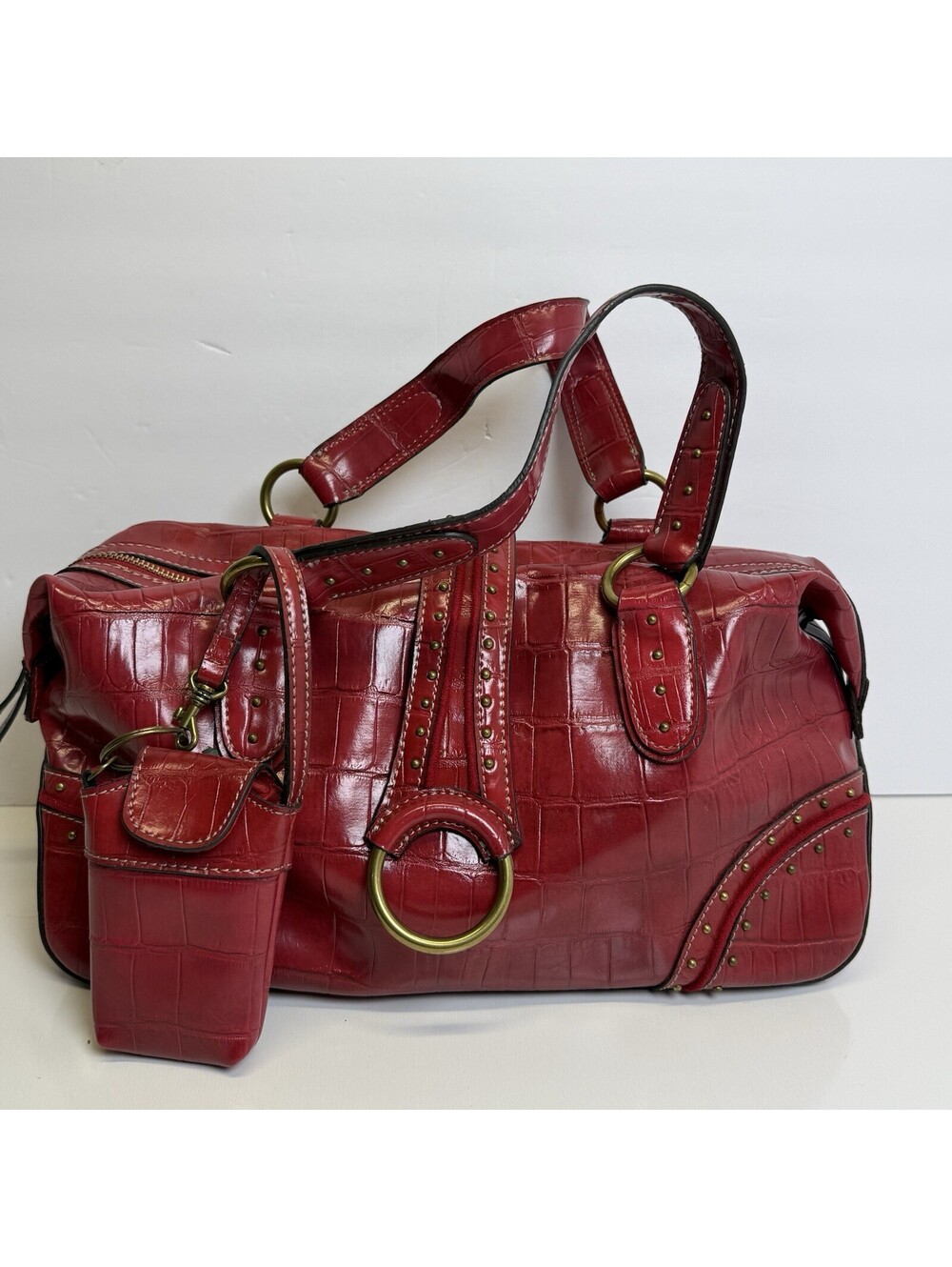 Y2K Nine West Bag Burgundy Embossed Barrel Satchel Brass Keychain Charm Handbag